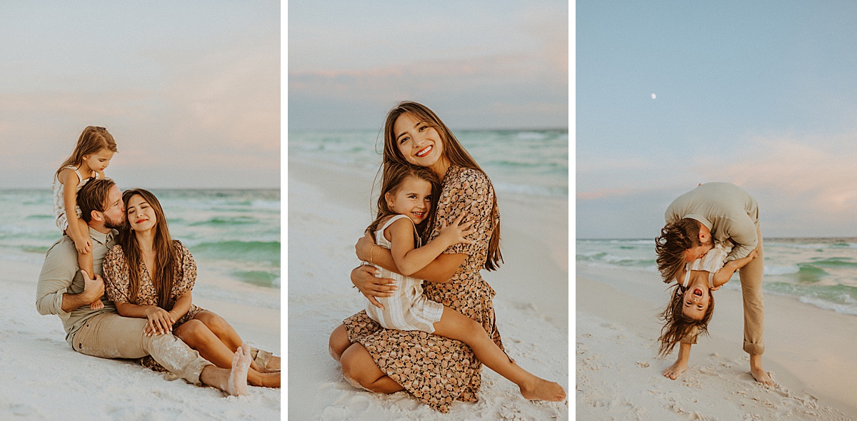 Sunset Beach Family Photographer- a mom, dad, and daughter playing the beach
