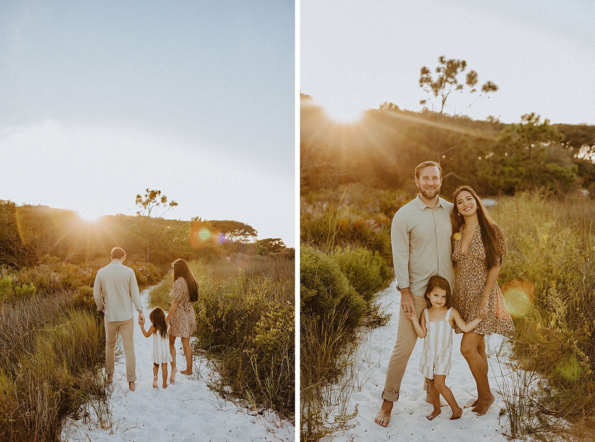 sunset beach family photographer photographed a family of three at granting beach FL. They wore a neutral pallet the sun was warm and glowing.